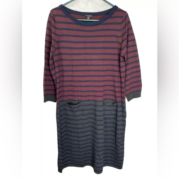 Talbots Sweater Dress Womens Large Burgundy Gray Wool Blend Stripe Sheath Pocket - Picture 2 of 12
